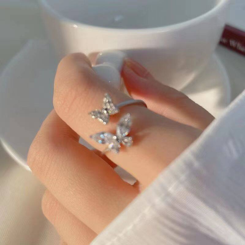 Shiny Cute Crystal Butterfly Zircon Rings for Women Girls Korean Minimalist Wedding Ring Adjustable Silver Color Ring Jewelry