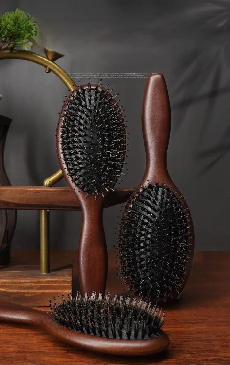Pig Bristle Hair Styling Comb Beech Wood Nylon Tooth Massage Air Cushion Comb - 1PC