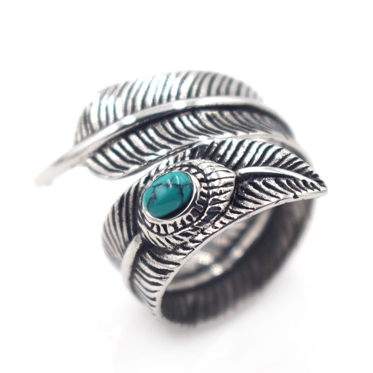 【Unlimited repurchase】RR152 Vintage Men's Titanium Steel Ring Trendy Men's Domineering Steel Ring Feather Emerald Ring