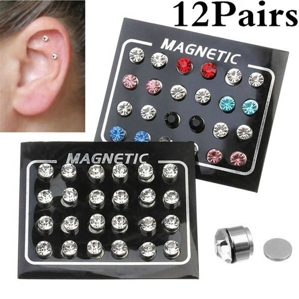 12 Pairs/Set 3/4/5/6/7MM Round Shape Crystal Stimulating Acupoints Magnetic Fake Earring Studs Gift For Friend No Piercing