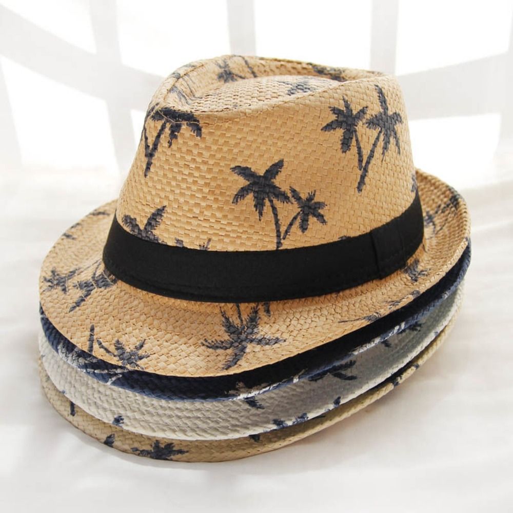 Summer Coconut Trees Pattern Straw Hat UV Protection Breathable Beach Cap Wide Brim Casual Jazz Hat Men Women
