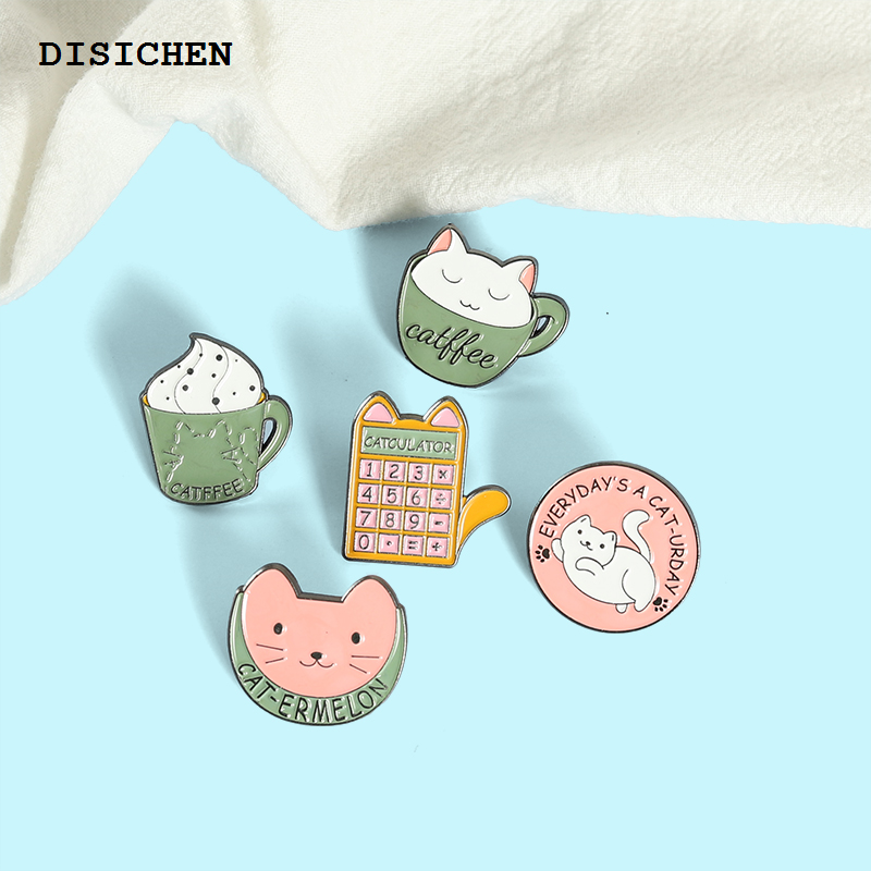 DISICHEN Original Cartoon Cup Cat Enamel Pins Badge Calculator Ice Cream Coffee Cat Brooches Cute Animal Lapel Bag for Womens Anime Jewelry Gifts