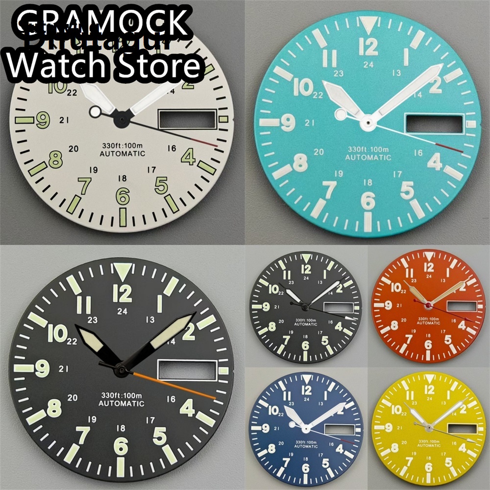 Difutagui Hot Selling Sutuiying GRAMOCK 29mm Watch Dial Dual Date Calendar Window Dial With Hands Set Green Luminous Fits NH36A Movement Men's Watch Parts