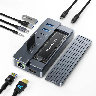 ACASIS CM073 १०-इन-१ USB-C हब M.2 SSD एन्क्लोजर | १०Gbps उच्च गतिको डाटा स्थानान्तरण | 4K HDMI | SD/TF कार्ड रिडर | NVMe/SATA/NGFF SSD सपोर्ट | Windows, MacBook, iPad Pro, XPS का लागि