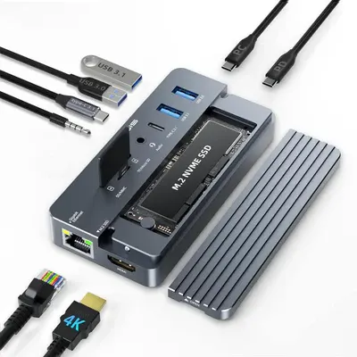 ACASIS CM073 १०-इन-१ USB-C हब M.2 SSD एन्क्लोजर | १०Gbps उच्च गतिको डाटा स्थानान्तरण | 4K HDMI | SD/TF कार्ड रिडर | NVMe/SATA/NGFF SSD सपोर्ट | Windows, MacBook, iPad Pro, XPS का लागि