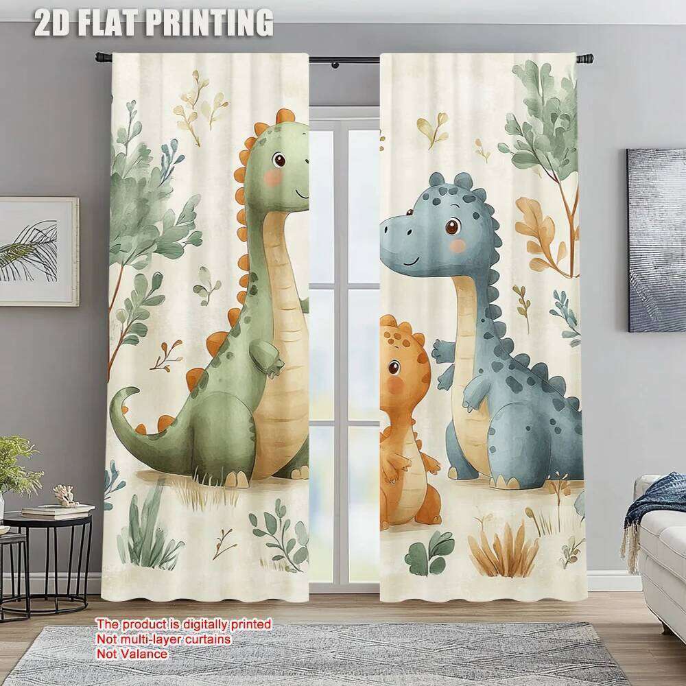 2pcs, spring summer Cute Dinosaur Watercolor Prints Light Filtering Polyester Festive for Translucent Curtains
