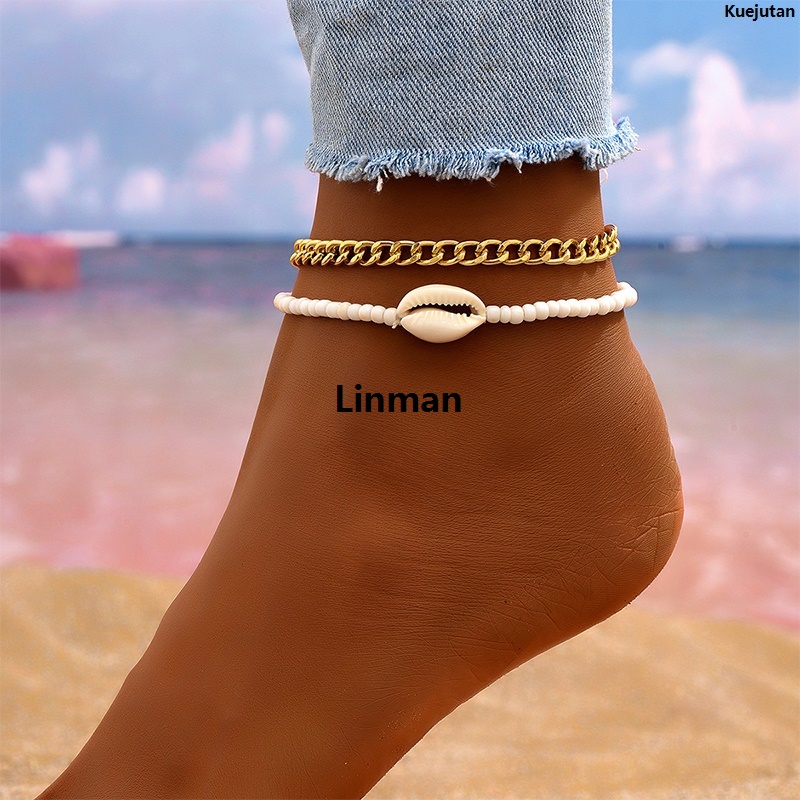 Linman KuejutanLuxury 2PCS Bohemia Natural Shell Anklets For Women Small Resin BeaFashion ds Summer Beach Shell Barefoot Ankle Bracelet Leg Chain Foot Jewelry XINYAN