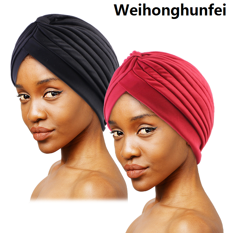 WeihonghunfeiSales promotion 2pcs Knot Crinkle Turban Cap Black Dark Blue Headwrap Elastic Head Scarf Lightweight Bonnet Chemo Cap