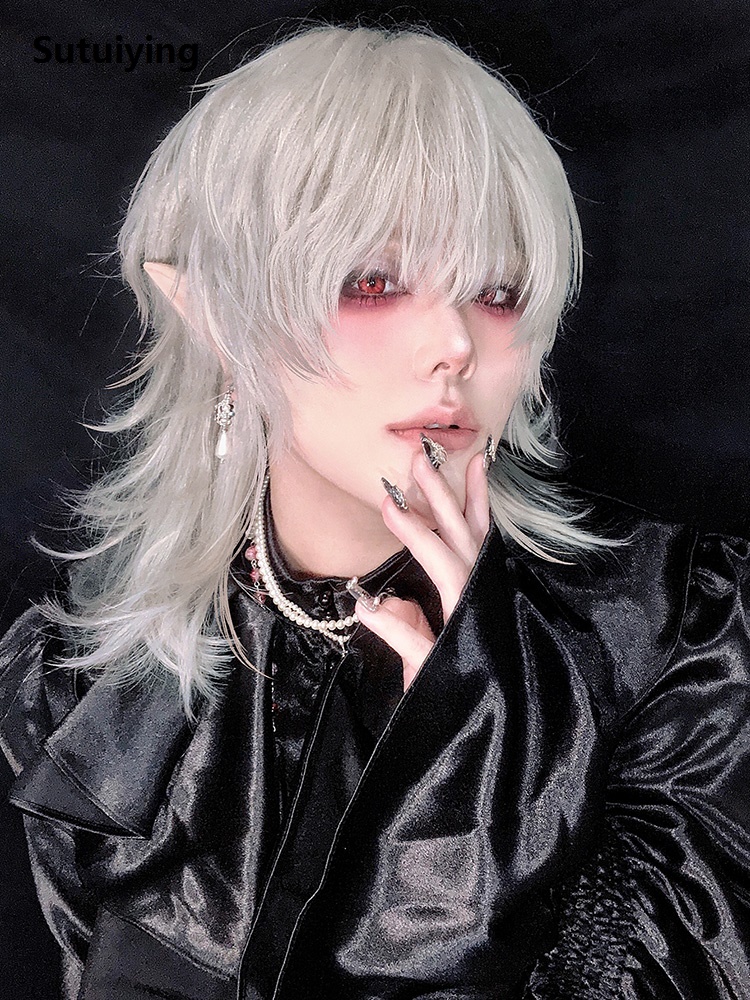 Sutuiying 16Inch Haze Blue Color Handsome Synthetic Wig With Bang Medium New style Natural Wavy Hair Wig for Man or Women Cosplay Heat Resistant