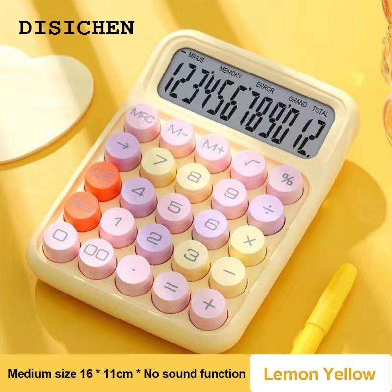 DISICHEN Luxury Mechanical Calculator Pink Cute 12 Digit Large LCD Display Big Round Button Use As Office Calculators Desktop 15°Tilt Screen For