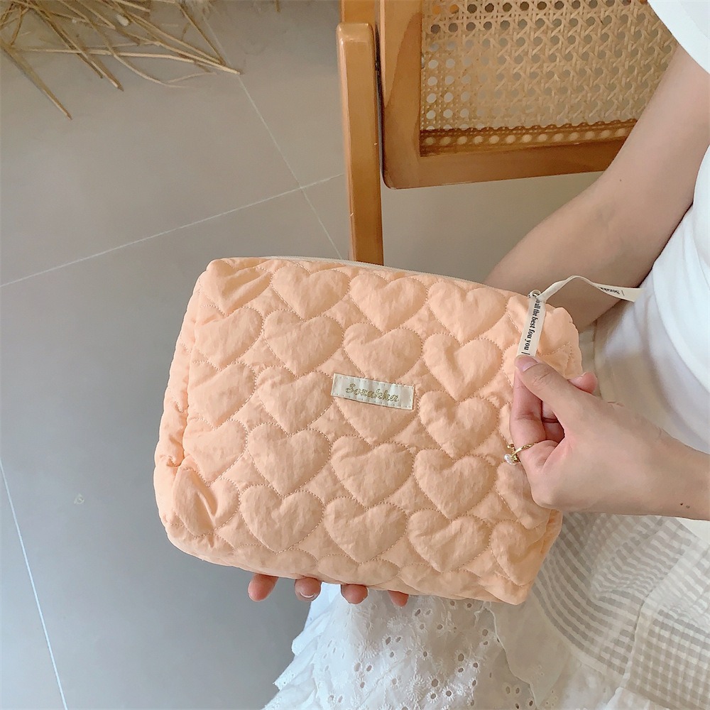 New Heart Pattern Zipper Bag Lightweight Solid Color Makeup Bag Cosmetic Organizer Large Capacity Shopping Handbag Women