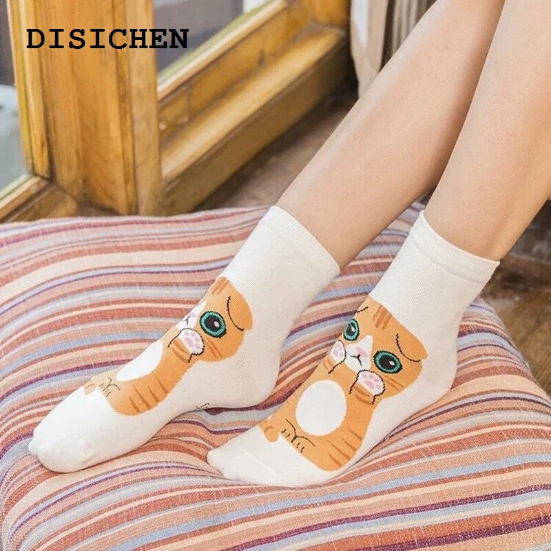 DISICHEN New style 5/1pairs Cartoon Cat printing Socks Women Cute Funny 3D Animal Paw Stockings Cotton Harajuku Kawaii Ankle Sox Calcetines