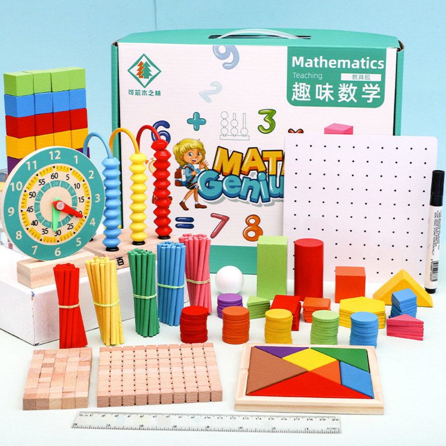 Montessori Wooden Math Puzzle Set for Kids | Early Learning Kit with Fraction Board, Tangram, Counters, Clock, Geometric Shapes & More - Develops Math & Geometry Skills
