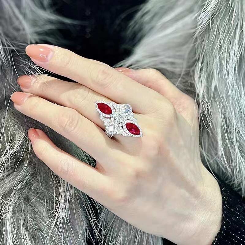 【Fashion-forward】New Color Treasure Ruby Ring Women's Ins Cold Style High-Level Diamond Double Head Red Diamond All-Match