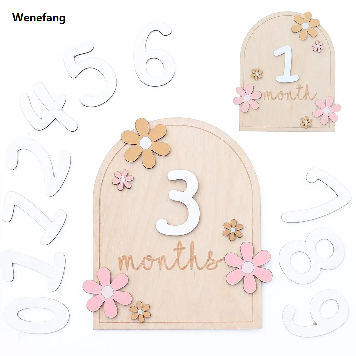 Wenefang Girls Boys Newborn Photography Props Baby Milestone Photo Props Profesional Wooden Baby Monthly Milestone Cards 3D Flowers Double Sides