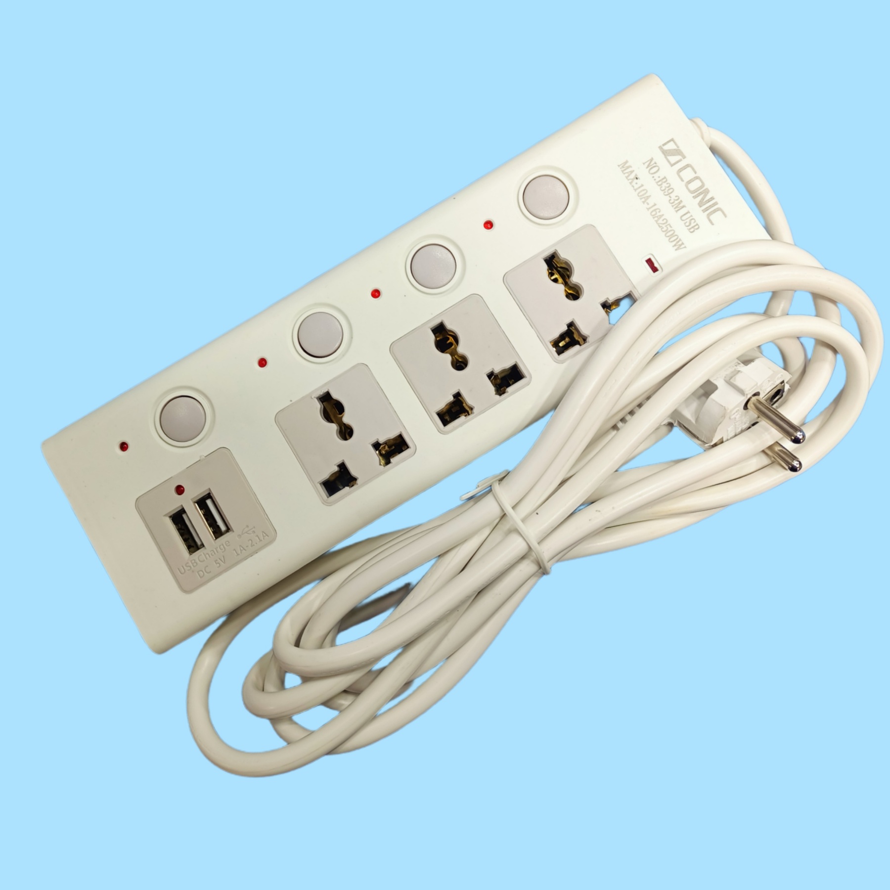 3 Port Multi Plug with 2 USB charging Ports Extension Cords Heavy Duty Universal Socket