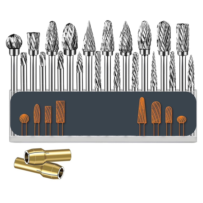 NCANRUI 20 Pcs Double Cut Carbide Rotary Burr Set 1/8In for Metal Glass Woodworking, Drilling, Polishing Cutting with 2 Collets