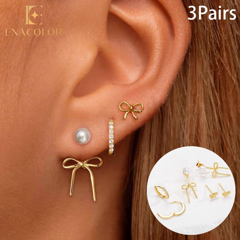 Enacolor 3Pairs/Set Retro Gold Pearl Bow Knot Heart Earrings for Women Cubic Zirconia Copper Crystal Simple Jewelry Party Gifts Ins Girl
