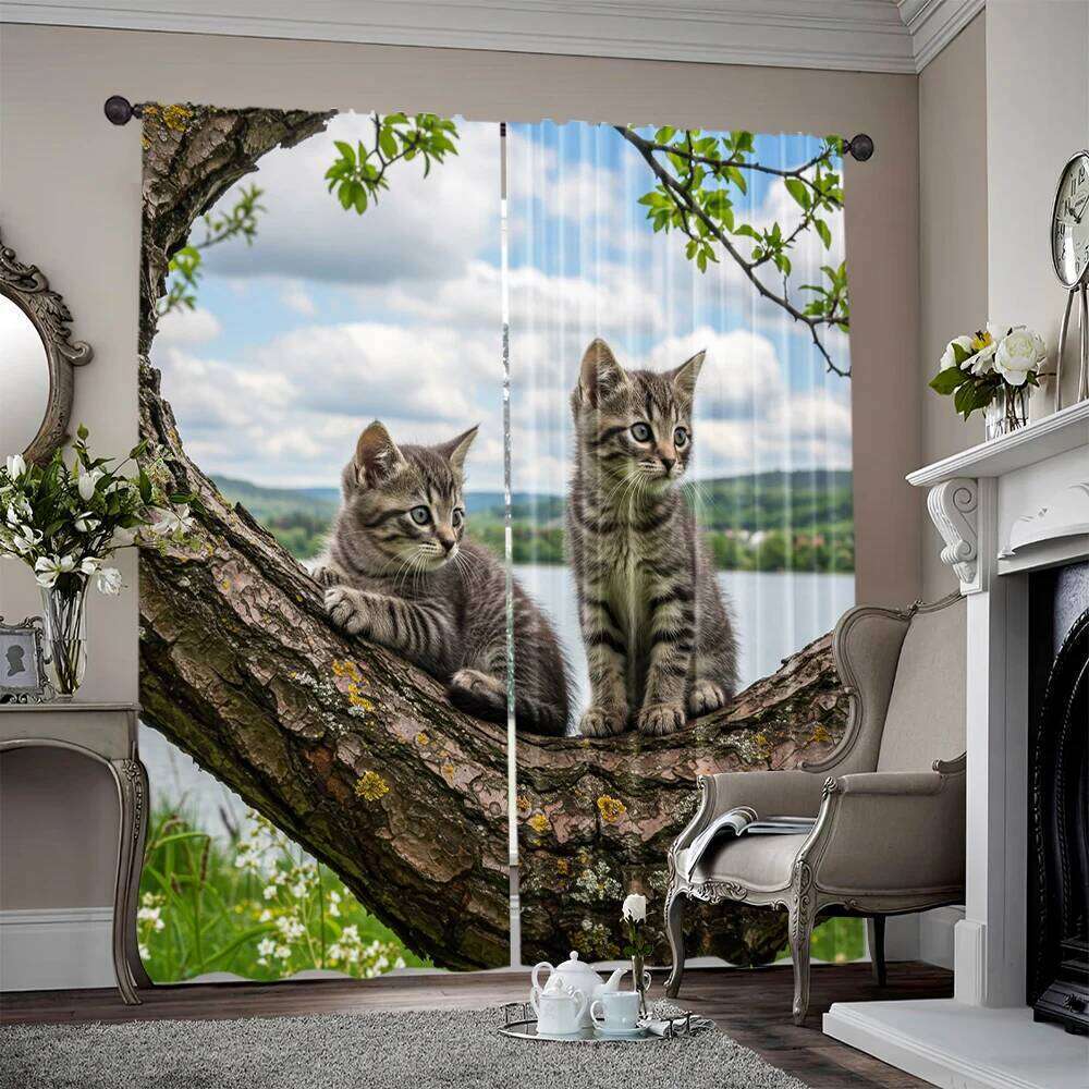 2pcs, spring summer There are cute kittens on the branches Semi-Sheer Curtains Durable 100% Polyester Fabric Room Decor