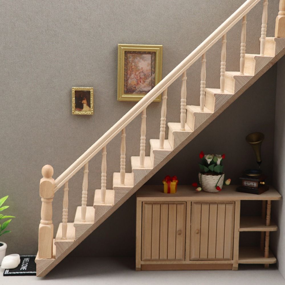 Decor Pretend Play :12 Dollhouse Furniture DIY Miniature Mini Stairway Model Armrest Wood Stairs with Handrail Doll House Accessories