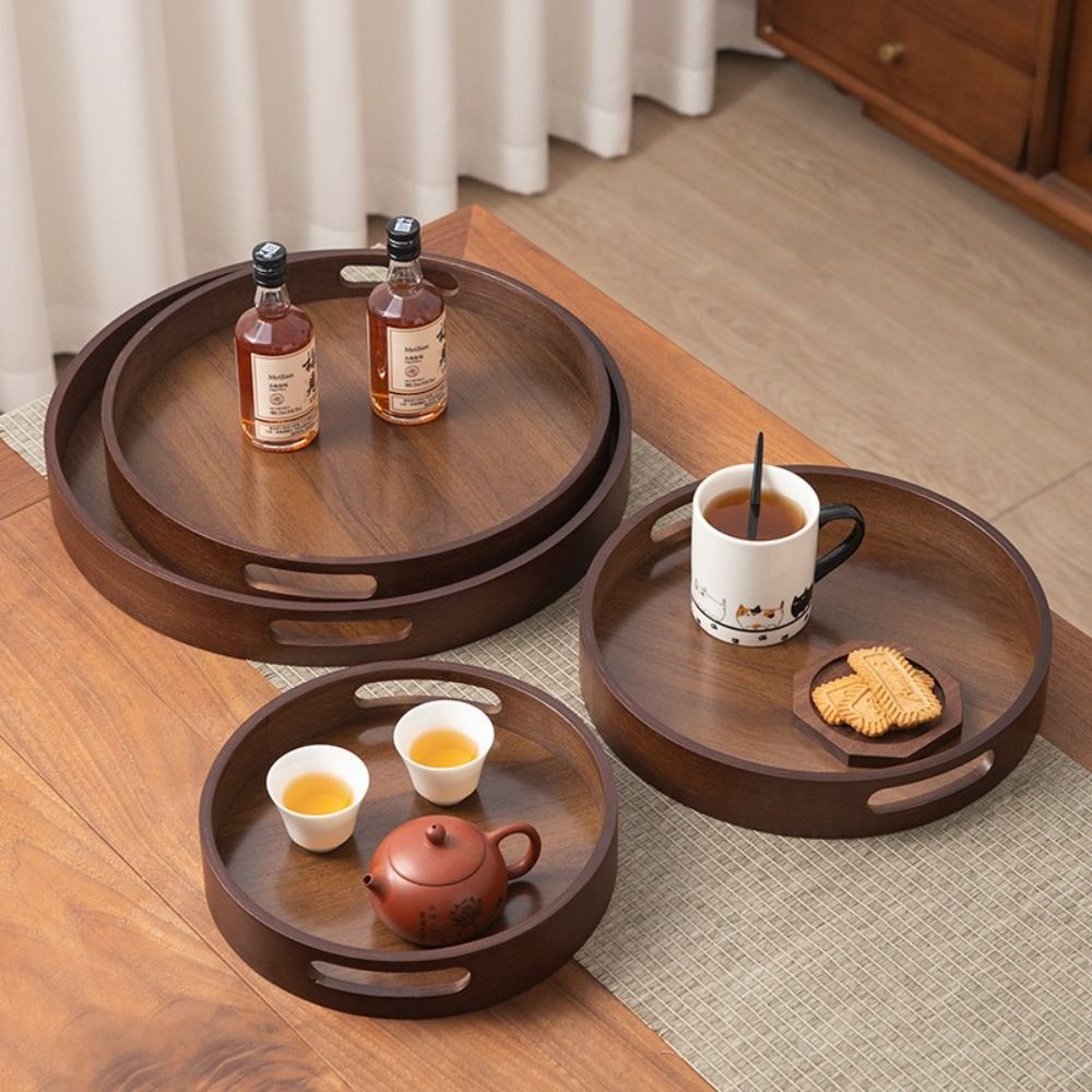 Round Serving Bamboo Wooden Tray Handle Storage Tray #2