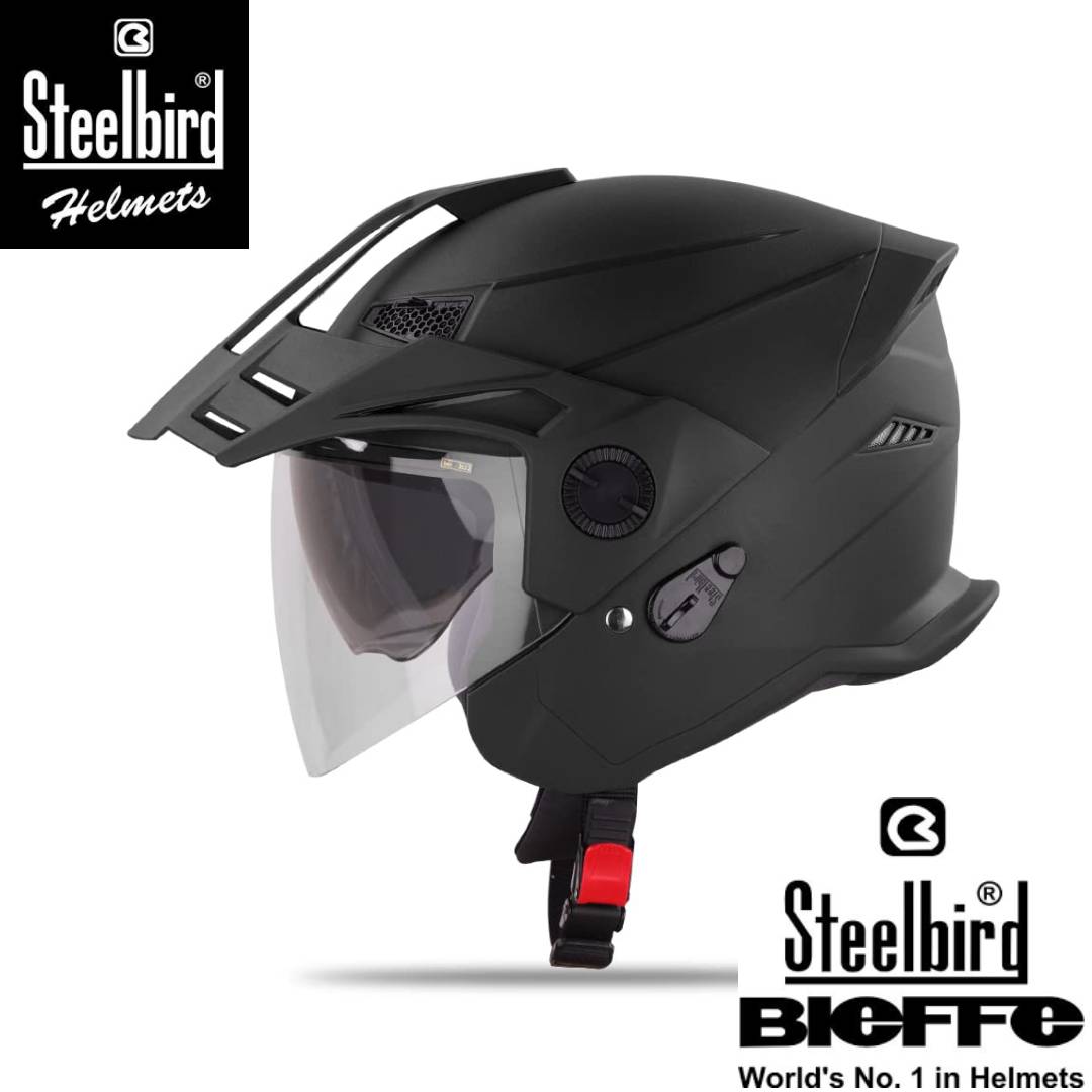 Steelbird SBH-23 GT Plus Open Face ISI Certified Helmet with Inner Sun Shield (Medium 580 MM, Dashing Black)