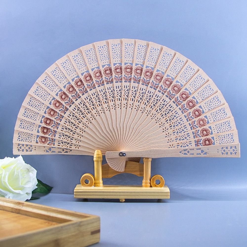 New Wooden Bamboo Folding Fan Vintage Engraved Hand Held Fan Chinese Style Antique Hollow Wooden Fan Women