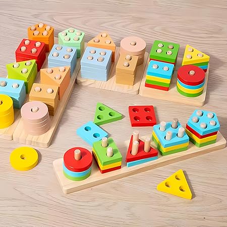 Wooden Montessori Educational Colorful Geometric 5 Shapes Sets Sorting Board Stack Building Puzzle Toy For Kids