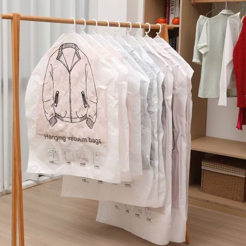 New Foldable Clothes Hanging Vacuum Storage Bags Hang Hook Transparent Vacuum Compression Bag Clothes Organizer Hanging Space Saver Bags Suits/Dress/Jacket
