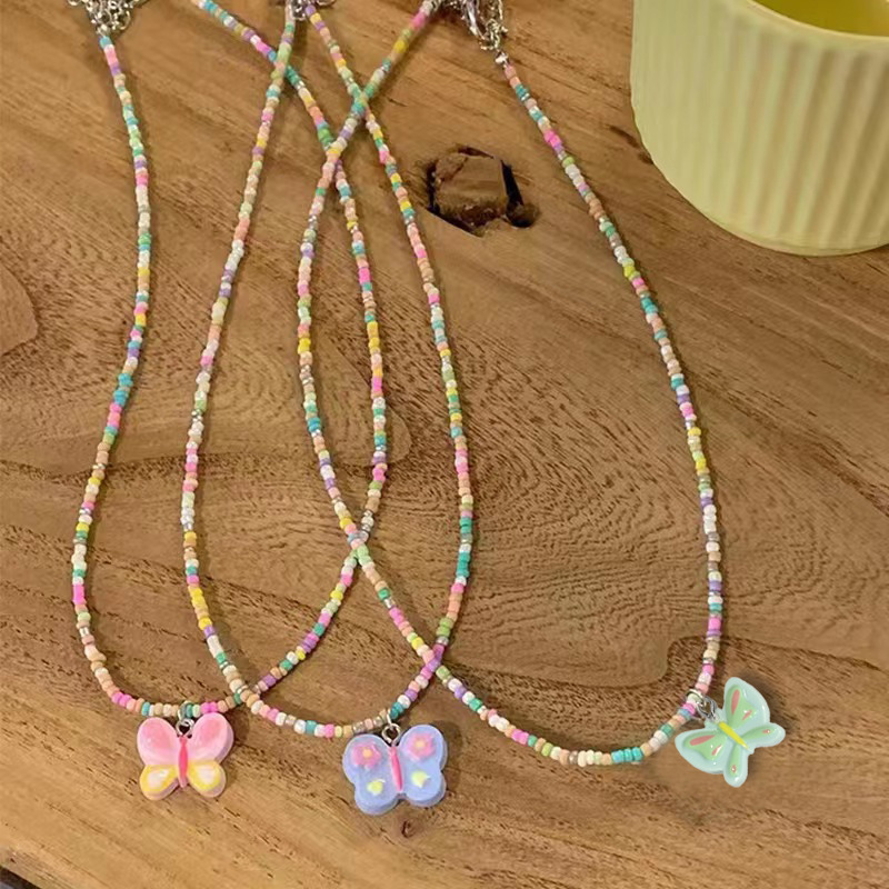 【Special offer】Candy Color Beaded Butterfly Necklace Female Niche Sweet Cute Girl Style Clavicle Chain 2025 New Fashion Accessories
