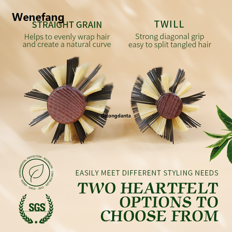 Wenefang Hairbrush Wooden Handle Comb Barrel Curl Hair Ladies Brush Handle Species 2 Cork Wild Boar Shape Anti-static Round