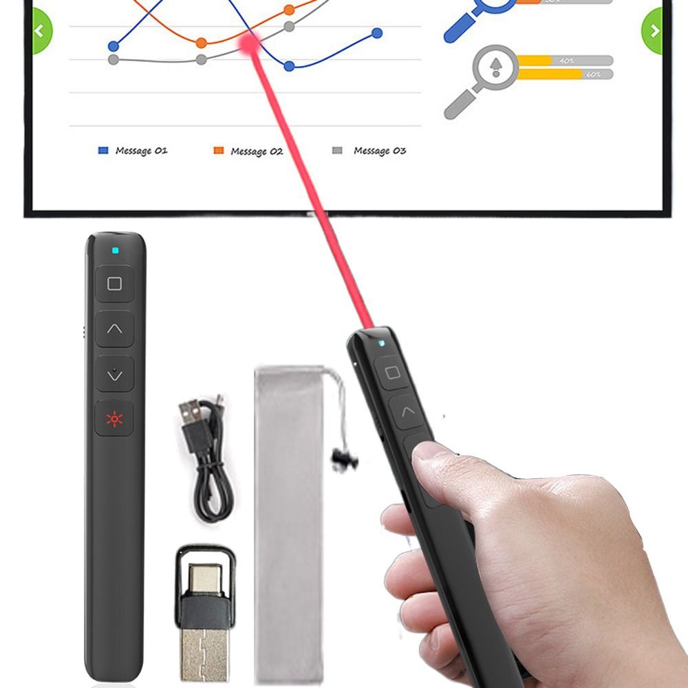 Durable Red Light Wireless Presentation Clicker Rechargeable 2.4GHz Presenter Remote Controller USB Receiver /Bluetooth Hyperlink PPT Slide Laser Pointer Classroom