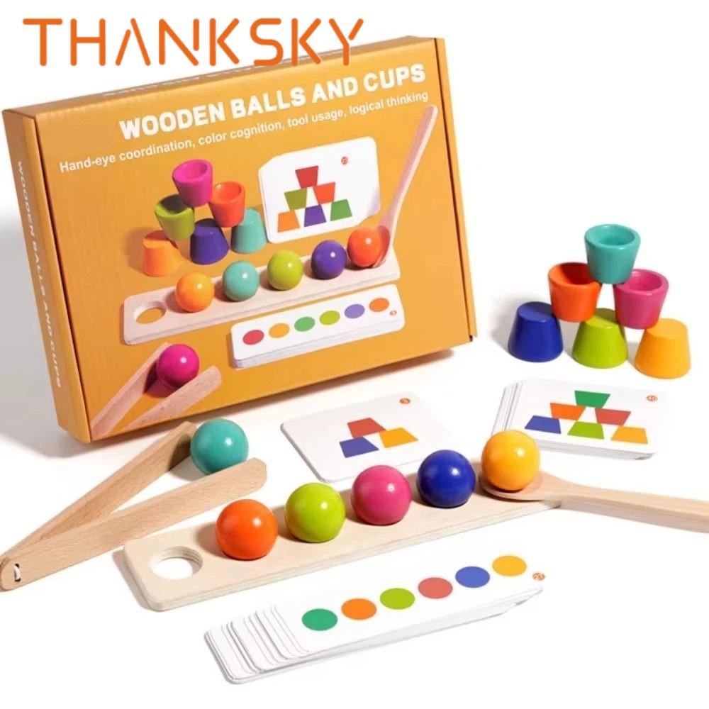 Educational Toys Creative Montessori Color-matching Ball Toys Clip Colored Ball Wooden Color Matching Game Spoon Stacking Cup Color Sorting Educational Toys Early Education