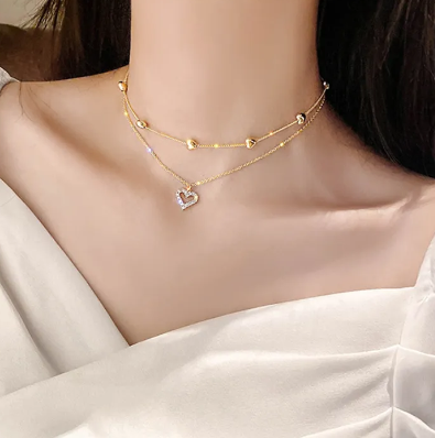 1 Piece Korean Geometric Crystal Heart Pendant Necklace / Ladies Elegant Multilayer Chain Clavicle Necklace - Best Gift For Your Girlfriend