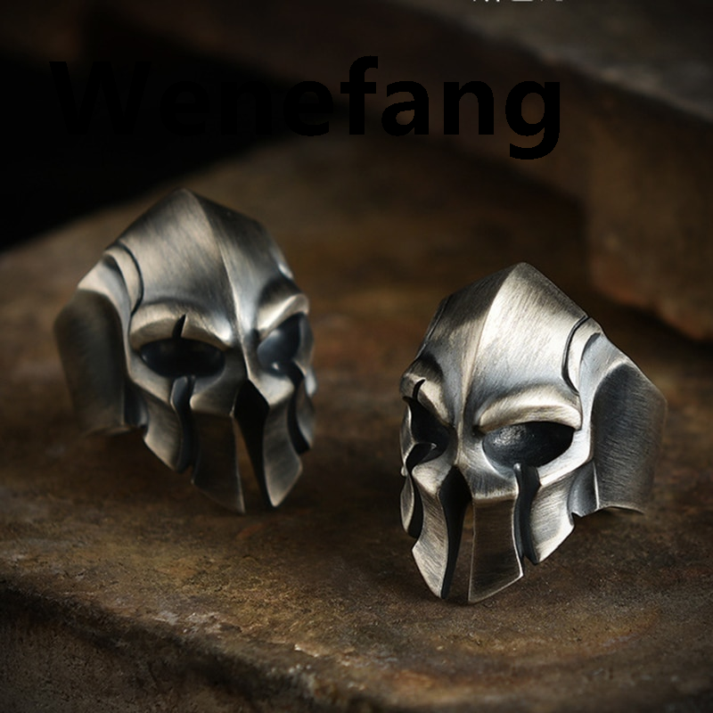 Wenefang Europe and America Retro Punk Spartan Warrior Mask Mens Open Rings for Classic Male Warrior Helmet Ring Hip Hop Party Jewelry