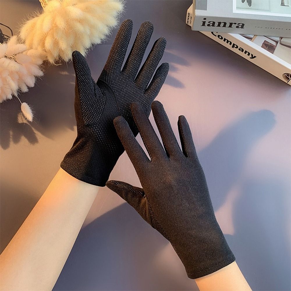 Sun Protection Elegant Anti-slip Touch Screen Cotton Five Fingers Gloves Summer Sunscreen Gloves Solid Color Women Driving Gloves Outdoor Mittens
