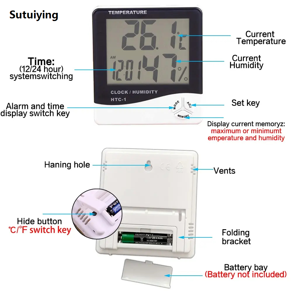 Sutuiying 1/2Pcs HTC-1 HTC-2 LCD Electronic Humidity Meter Smart Electric Portable Digital Hygrometer Thermometer Weather Station Clocks Outdoor