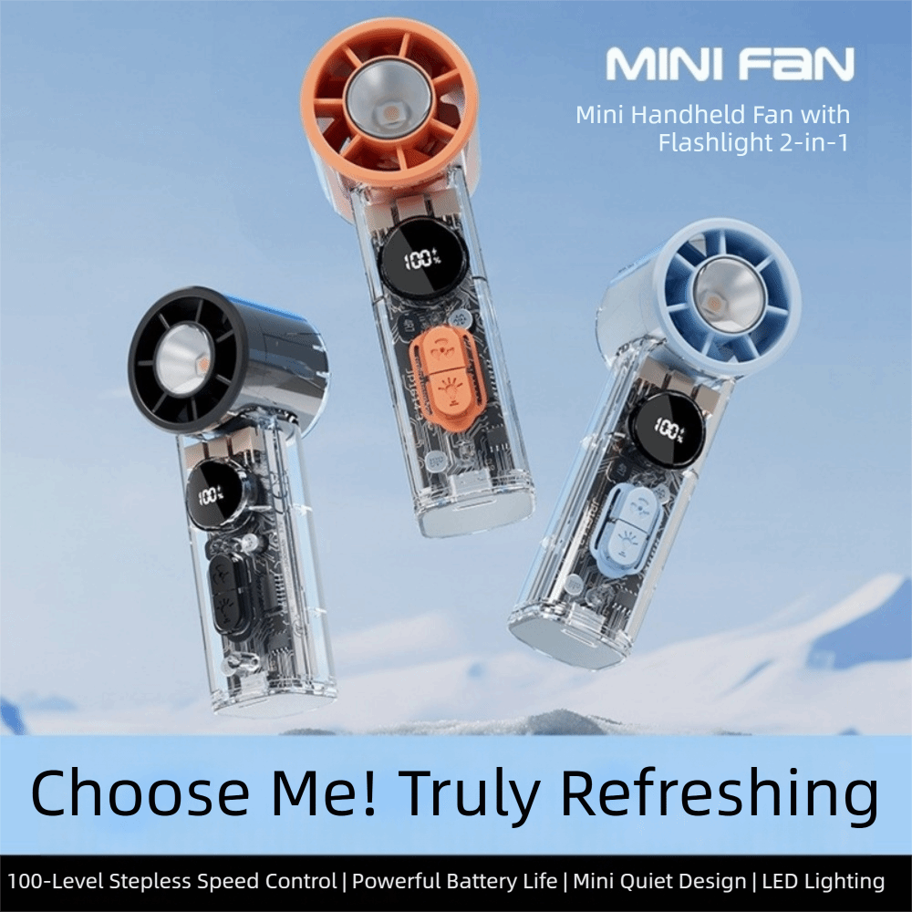 Outdoor Cooling Device 100 Gears Mini Pocket Turbo Fan Rechargeable with LED Light Handheld Fan Transparent Body Adjustable Speeds Neck Hanging Small Fan Travel
