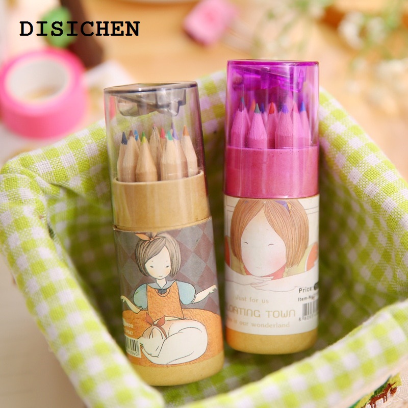 DISICHEN Luxury 3 Set Short Haired Girl Mini Portable Wooden 12 Color Pencil Drawing Sketch for School Painting Art Supplies Student Prizes Gift