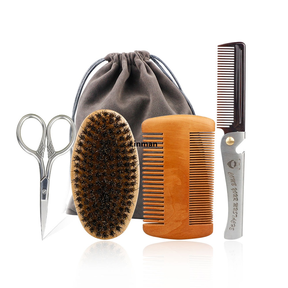 Linman Natural Boar Bristle Wood Beard Brush Hairdresser Shaving BrusNew style h Men Mustache Comb With Gift Bag Beard Cleaning Hair Comb Set