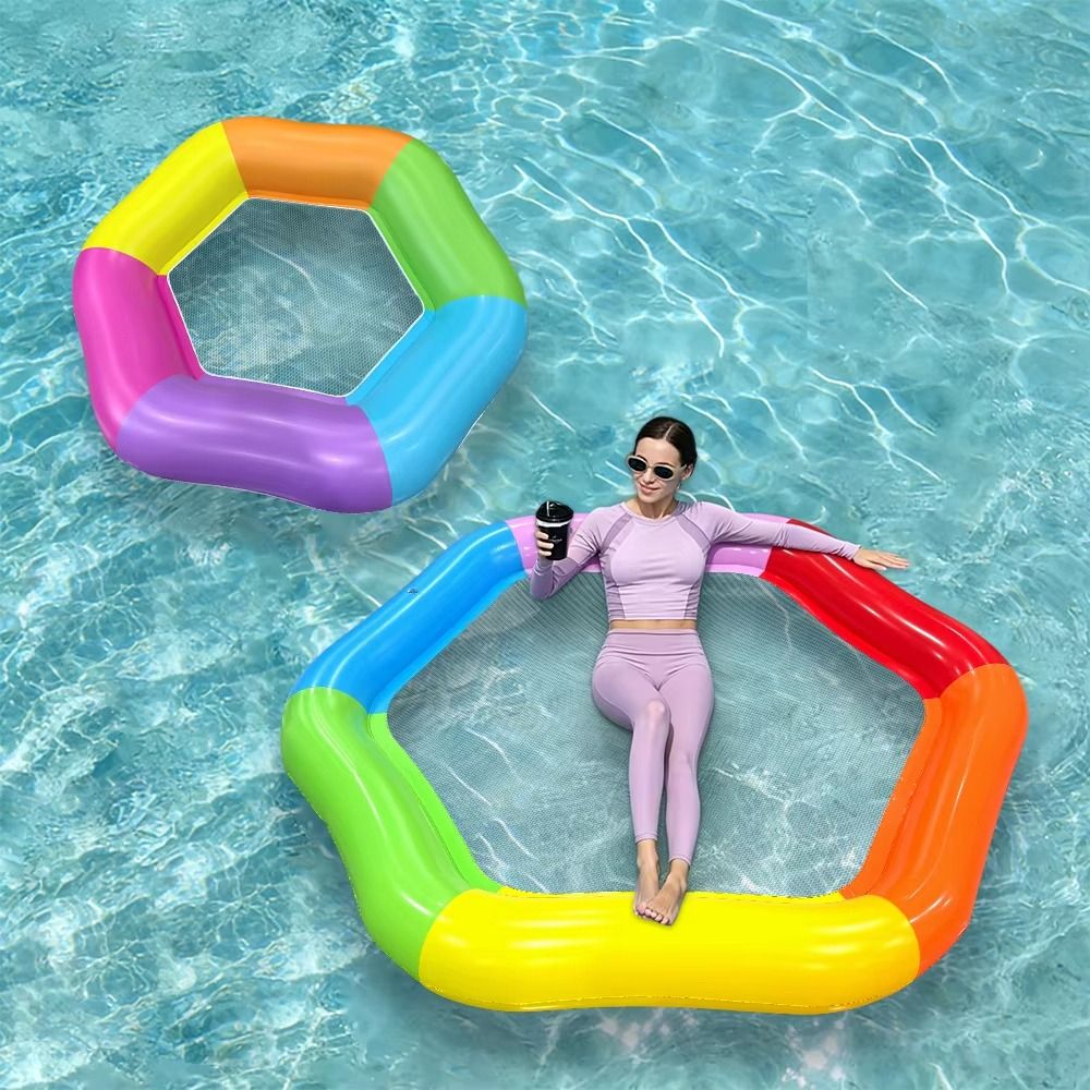 Non Slip Rainbow Color Inflatable Pool Float Hexagon Shape Colorful Stripes Pool Floating Bed Mesh Seat Thick PVC Inflatable Floating Bed Swimming Pool