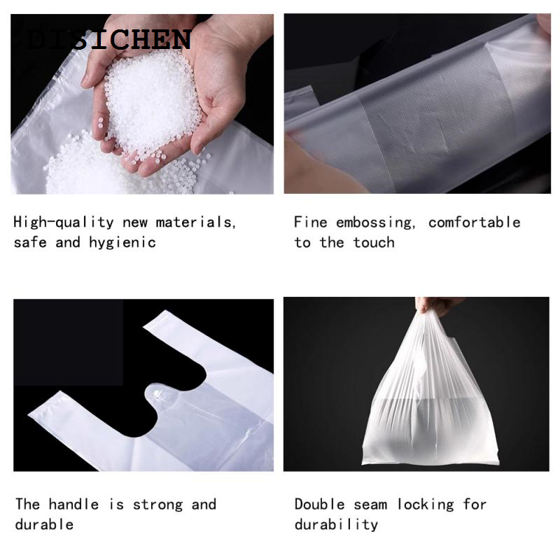 DISICHEN Hot Selling 100pcs 28.5x18cm 20x30cm T-Shirt Carry-Out Bags Plastic Grocery Bags White Sturdy Handled Bags,Standard Supermarket Size