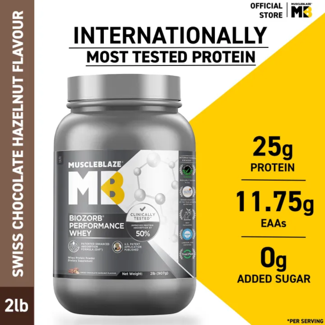 MuscleBlaze BIOZORB Whey Protein 1KG Chocolate Flavor Labdoor USA Certified with 25G Protein 11.75G EAA 5.5G BCAA 4.4G Glutamine