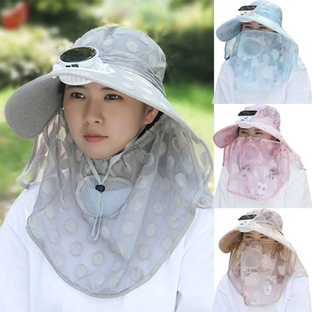 Digital Display Screen Solar Fan Visor Hat Breathable Mesh Neck Protection Wide Brim Sun Cap Integrated Shawl Adjustable
