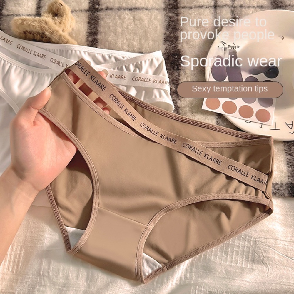 Elastic Letter Ice Silk Panties Soft Cotton Crotch Middle Waist Briefs Japanese Style Ultra Thin Seamless Lingerie Daily