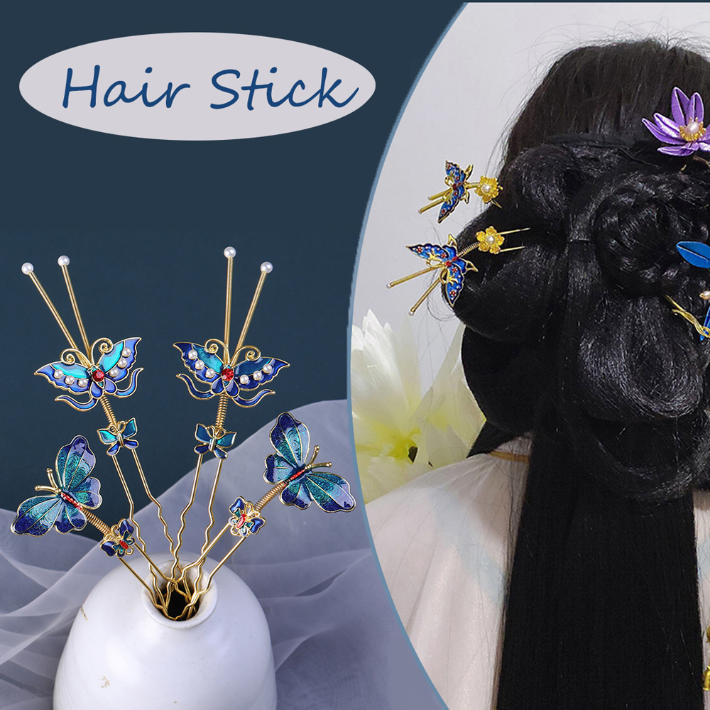 Retro Style Hanfu Chinese Making Hairwear Metal For Women Oil Drop Hair Pin Butterfly Hair Stick Hair Accessories Hair Forks