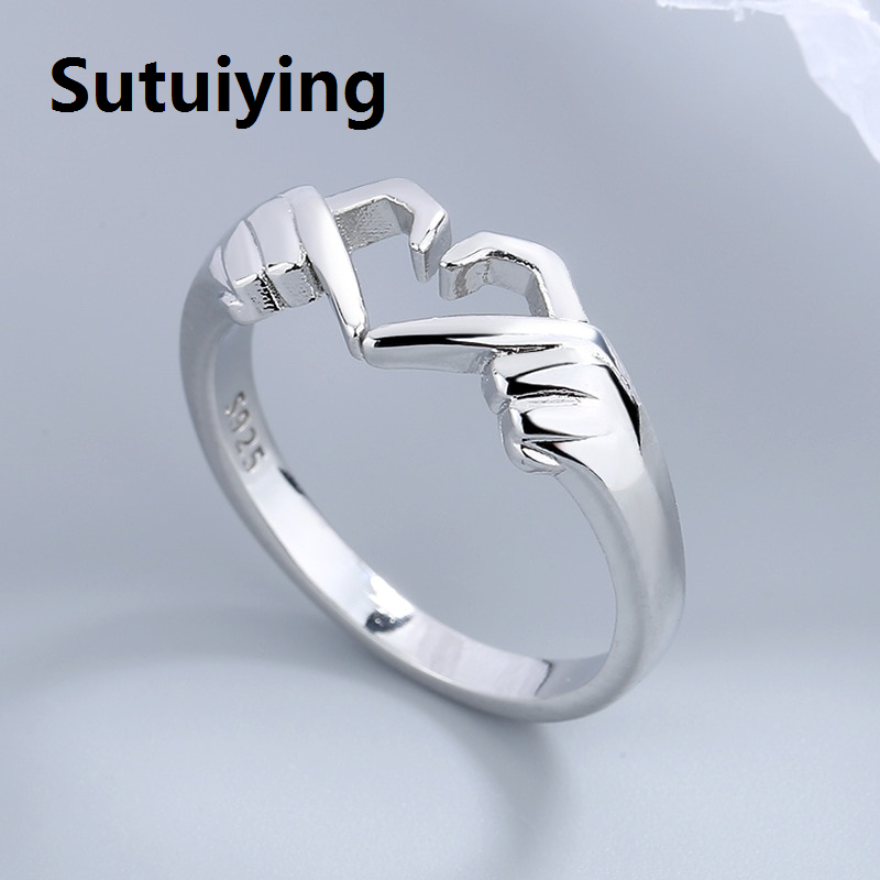 Sutuiying Romantic Heart Hand Hug Fashion Ring for Women Couple Jewelry Silver Color Punk Gesture Wedding Men Finger Accessories Gifts