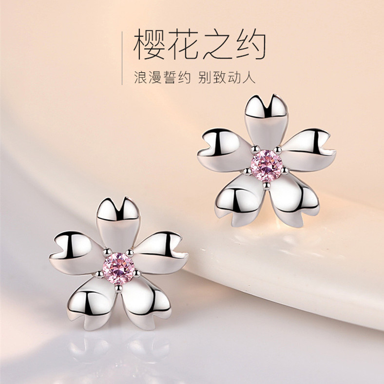 【New arrival】Korean-style Silver Plated Cherry Blossom Earrings Women's Flower Pink Crystal Earrings Fashion Elegant Diamond Ear Jewelry