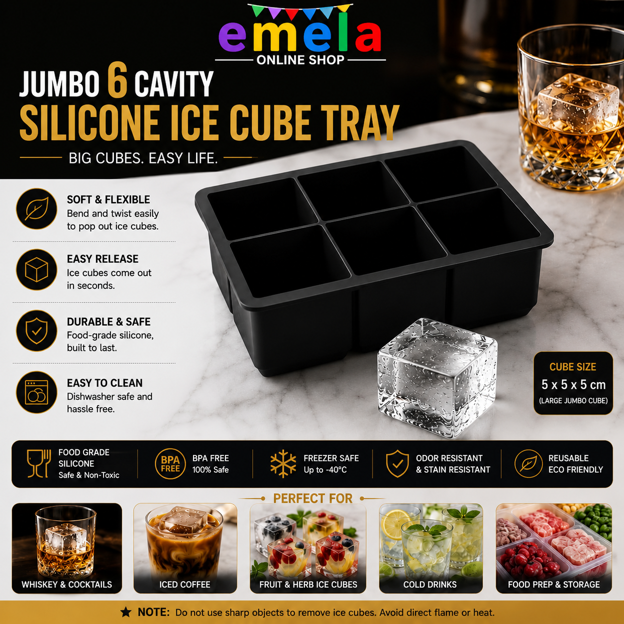 Ice Tray 6 Big Cavity BPA Free Mold Giant Jumbo Large Food Grade Silicone Ice Cube Square Tray