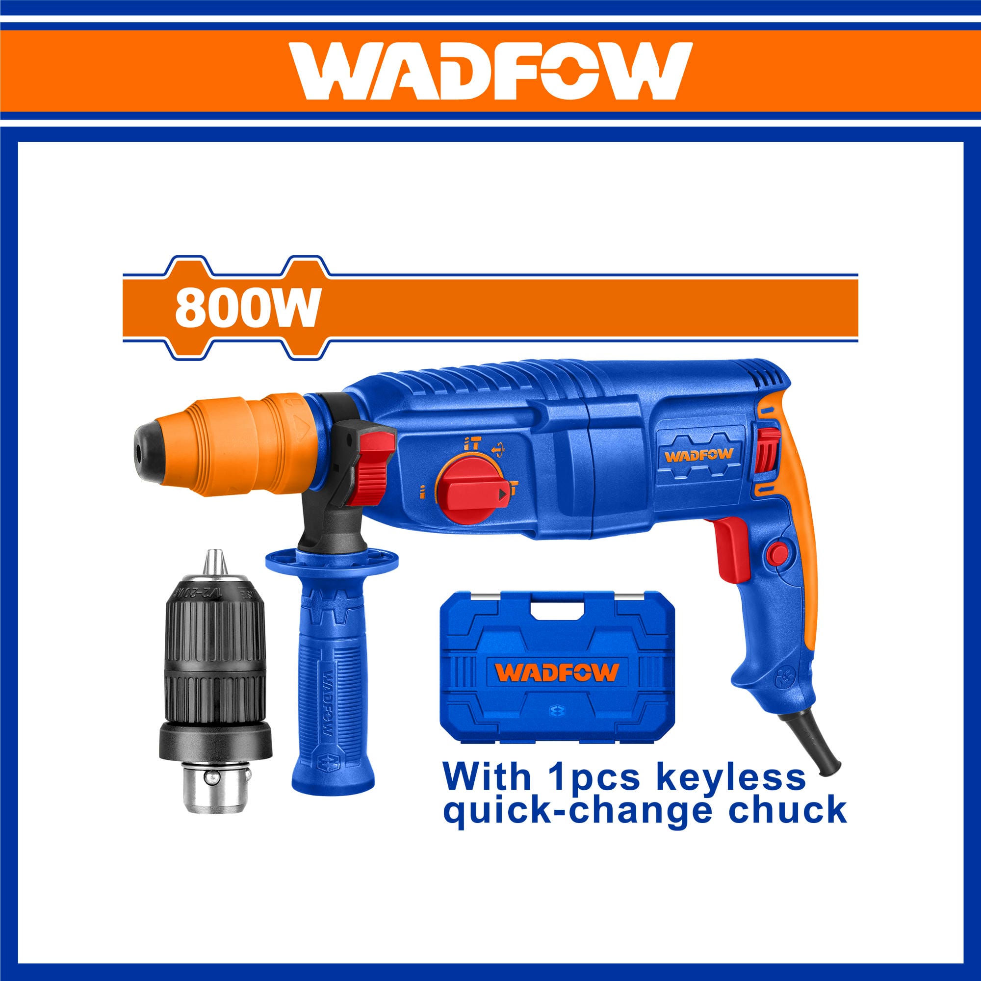 WADFOW 800W SDS plus Rotary hammer With 1 Pcs keyless quick-change chuck,3 Pcs drills bit and 2 Pcs chisels For Wood,Steel and Concrete WRH1D26-2
